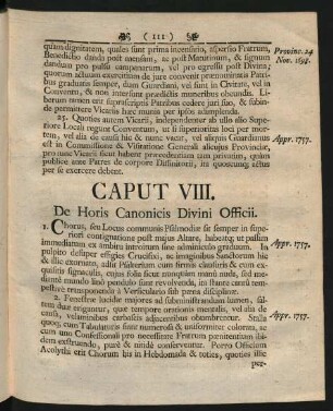 Caput VIII. De Horis Canonicis Divini Officii.