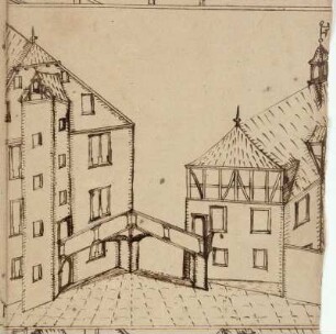 Melsungen, Landgrafenschloss, Hinterhof mit Entwurf für eine Verbindungsgalerie