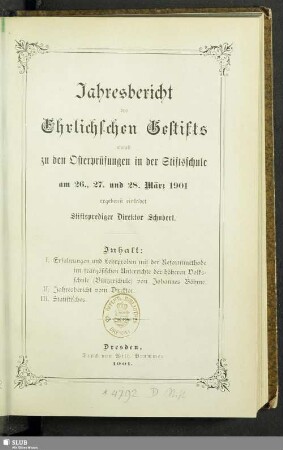 1901: Jahresbericht des Ehrlichschen Gestifts : auf das Schuljahr ...