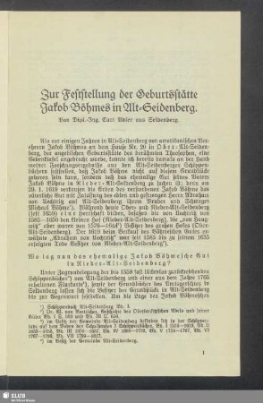 Zur Feststellung der Geburtsstätte Jakob Böhmes in Alt-Seidenberg
