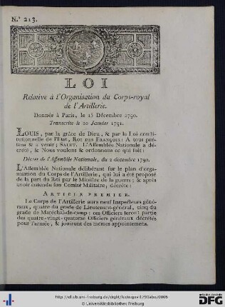 Loi Relative à l'Organisation du Corps-royal de l'Artillerie.