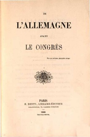 De l'Allemagne avant le Congrès