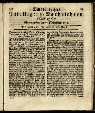 XXXIV. Stück. Sonnabends: den 20. November / 1773.