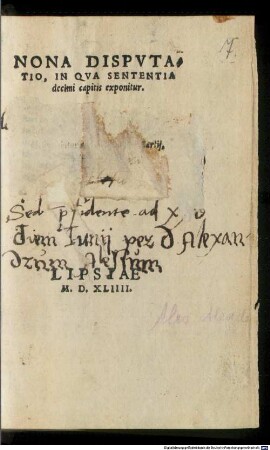 Nona disputatio in qua sententia decimi capitis exponitur
