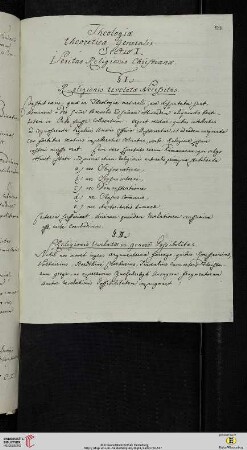 Diskussionsskizze: Theologiæ theoreticæ Generalis Sectio I. Veritas Religionis Christianæ. §.I. Religionis revelatæ Necessitas