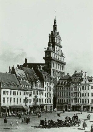 Der Altmarkt zu Dresden von der Schloßstraße aus : Canaletto (1721-1780). Der Altmarkt zu Dresden von der Schloßstraße aus. Detail: Südostteil des Altmarktes und Turm der Kreuzkirche
