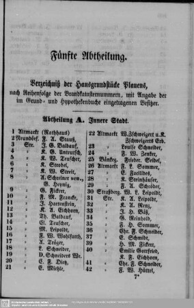 Fünfte Abtheilung. Häuserbuch : Fünfte Abtheilung. Verzeichniß der Hausgrundstücke Plauens