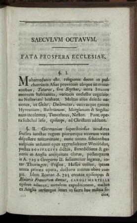 Saeculum Octavum. Fata Prospera Ecclesiae.