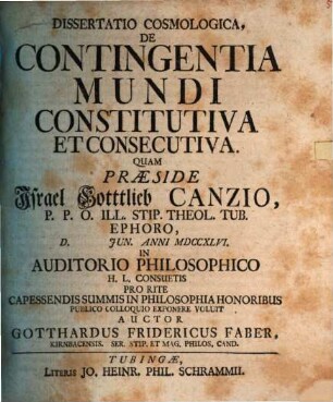 Dissertatio Cosmologica, De Contingentia Mundi Constitutiva Et Consecutiva