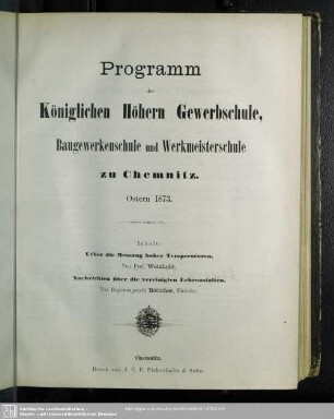 1873: Programm der Königlichen Höhern Gewerbschule, Baugewerkenschule, Werkmeisterschule und Gewerbzeichenschule zu Chemnitz