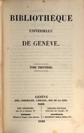 Bibliothèque universelle de Genève. 30. 1855