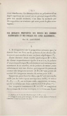 Sur quelques propriétés des foyers de courbes algébriques et des focales des cones algébriques.