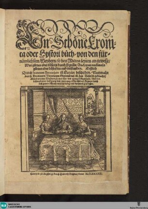 Ejn Schöne Cronica oder Hystori buch, von den fürnämlichsten Weybern, so von Adams zeyten an geweszt : Was guttes oder böses je durch sy geübt, Auch was nachmaln guttes oder böses darauß entstanden. Allen frommen Weybern zu einer Eer vnd exempel fürgemalt, Vnd den bösen zu einer besserung vnd warnung. Mit schönen Figuren durch auß geziert. Gantz nutzlich, lustig vnd kurtzweilig zu lesen
