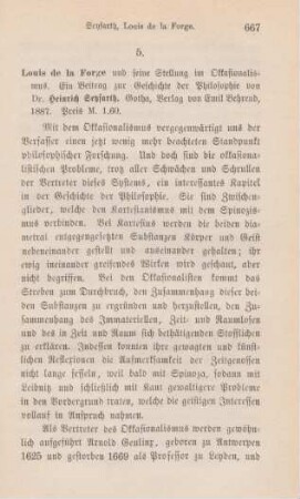 667-671 [Rezension] Seyfarth, Heinrich, Louis de la Forge und seine Stellung im Occasionalismus