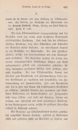 667-671 [Rezension] Seyfarth, Heinrich, Louis de la Forge und seine Stellung im Occasionalismus