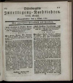 XVIII. Stück. Sonnabends: den 5. May 1781.