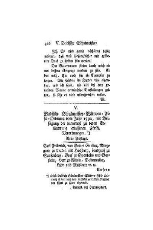 Badische Schulmeister-Wittwen-Fisci-Ordnung vom Jahr 1792 : mit Beifügung der unmittelst zu deren Erläuterung erlassenen Fürstl. Verordnungen