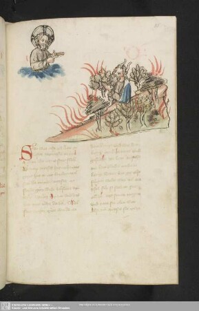 110r: kolorierte Federzeichnung: Moses und der brennende Dornbusch