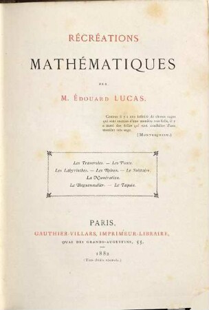 Récréations mathematiques, 1