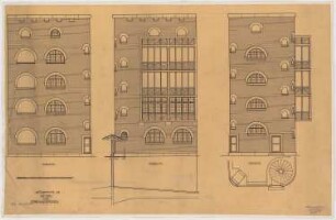 Fabrikgebäude Werdermühle, Breslau: Aufriss Nordseite, Südseite, Ostseite 1:200