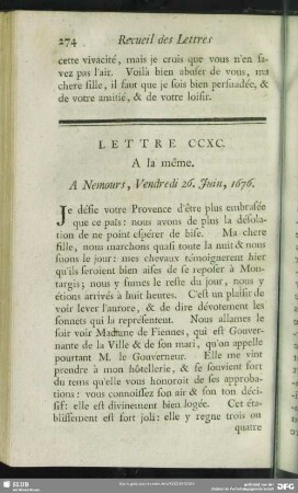 Lettre CCXC. A la même. A Nemours, Vendredi 26. Juin, 1676