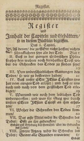 Register und Innhalt der Capiteln und Gebättern, so in diesem Büchlein begriffen