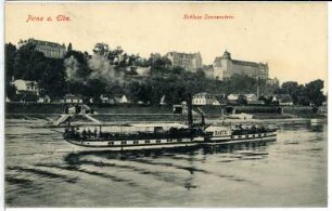 Pirna. Schloss Sonnenstein - Elbe mit Dampfer Bastei