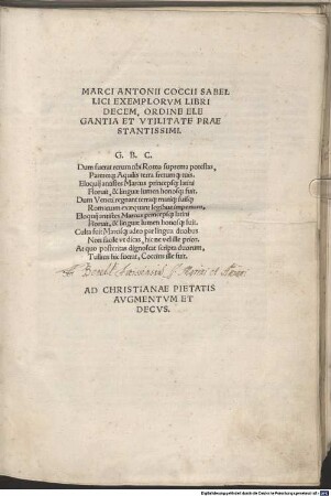 Marci Antonii Coccii Sabellici Exemplorvm Libri Decem : Ordine Elegantia Et Vtilitate Praestantissimi
