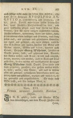 Num. XVI. Formula iuramenti fidelitatis Nobilium Silesiae