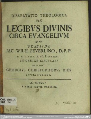 Dissertatio Theologica De Legibus Divinis Circa Evangelium