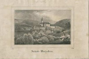 Ansicht von Schloss Weesenstein, Lithographie, 1835 : Schloss Weesenstein : Bildliche Darstellung. - [Dresden] : [Pietzsch] , [1835]. - 1 Kunstbl. : Lithogr. ; 17 x 10 cm