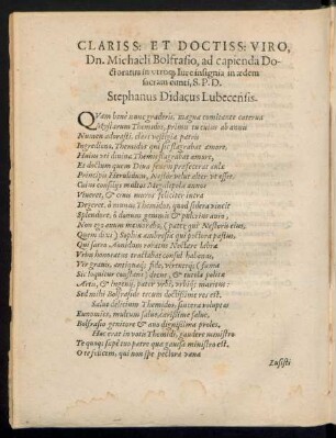 Clariss: Et Doctiss: Viro, Dn. Michaeli Bolfrasio, ad capienda Doctoratu in utroque Iure insignia in aedem sacram eunti, S. P. D. Stephanus Didacus Lubecensis.