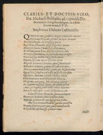 Clariss: Et Doctiss: Viro, Dn. Michaeli Bolfrasio, ad capienda Doctoratu in utroque Iure insignia in aedem sacram eunti, S. P. D. Stephanus Didacus Lubecensis.
