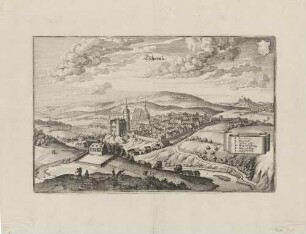 Stadtansicht von Zschopau in Sachsen am gleichnamigen Fluss mit Schloss Wildeck, Stadtkirche und Augustusburg im Hintergrund, mit Legende, aus Merians Topographia Superioris Saxoniae