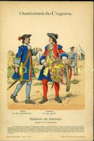 Uniformdarstellung, Pfeifer und Tambour verschiedener Infanterie-Regimenter, Kaiserreich Österreich-Ungarn, 1701/1725.