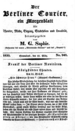 No. 940, Sonnabend, den 20. März 1830