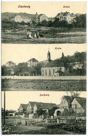 Zitzschewig. Schule, Kirche, Dorfplatz