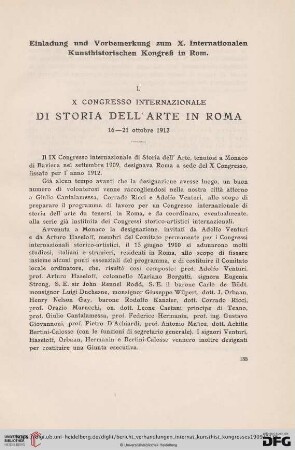 Einladung und Vorbemerkung zum X. Internationalen Kunsthistorischen Kongreß in Rom