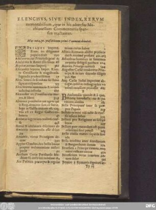 Elenchus, Sive Index, Rerum memorabilium, quae in his adversus Machiavellum Commentarii sparsim tractantur.