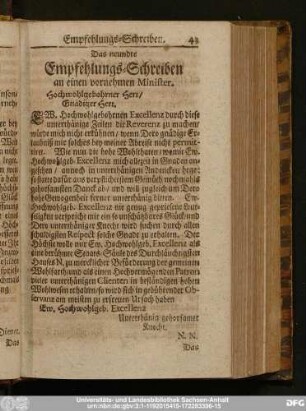 Das neundte Empfehlungs-Schreiben an einen vornehmen Minister.