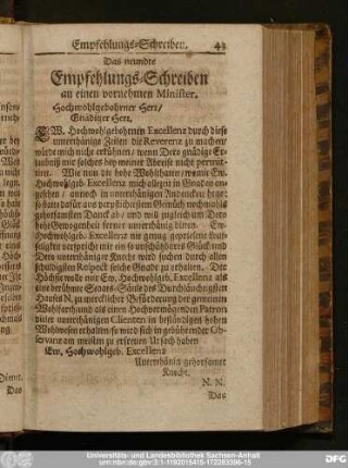 Das neundte Empfehlungs-Schreiben an einen vornehmen Minister.