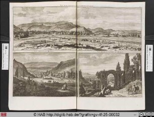 [oben:] VUÊ DE LA CAMPAGE DU COTÉ DE ZJI-RAES. [unten links:] VUÊ VERS LA VILLE ZJI-RAES. [unten rechts:] VUÊ PROCHE DE LA PORTE DE ZJI-RAES.