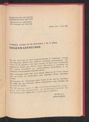 Vorläufiger Lehrplan für die Oberschulen, 9. bis. 12. Klasse