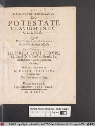 Disputatio Theologica De Potestate Clavium In Ecclesia