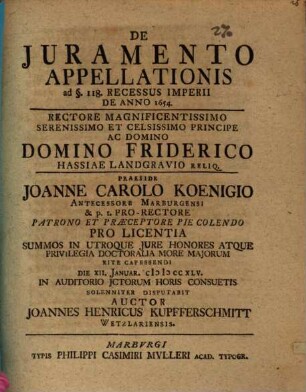 De iuramento appellationis ad § 118 recessus imperii de anno 1654