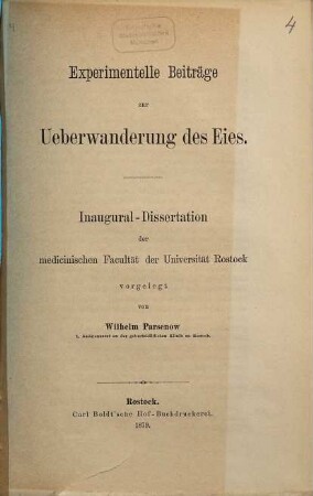 Experimentelle Beiträge zur Ueberwanderung des Eies : (Inaugural-Dissertation.)