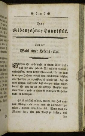 Das Sibenzehnte Hauptstük. Von der Wahl einer Lebens-Art.