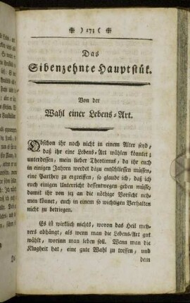 Das Sibenzehnte Hauptstük. Von der Wahl einer Lebens-Art.