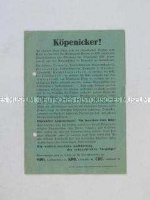 Flugblatt mit einem gemeinsamen Aufruf von SPD, KPD und CDU Berlin-Köpenick an Zeugen des SA-Terrors im Frühjahr 1933