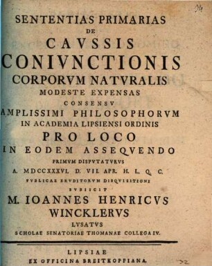 Sententias Primarias De Cavssis Conivnctionis Corporvm Natvralis Modeste Expensas